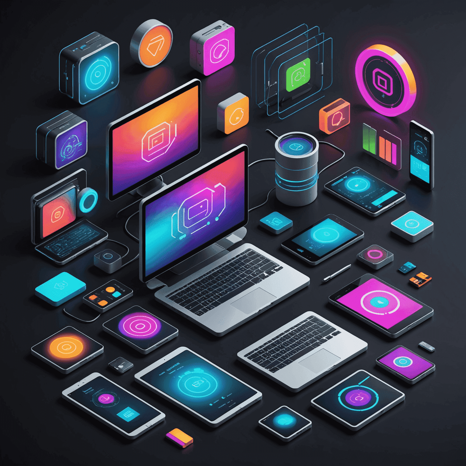 Imagen que muestra varias herramientas de diseño web como iconos de software, paletas de colores y dispositivos electrónicos en un estilo futurista y neón