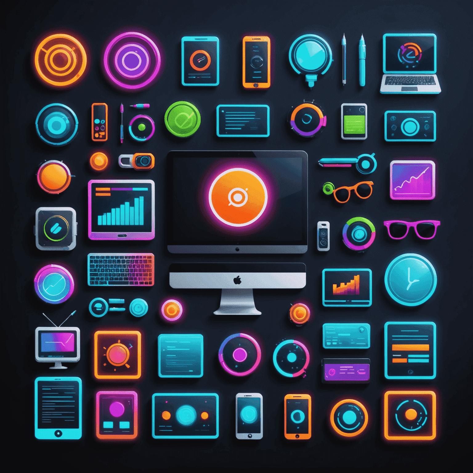 Imagen que muestra varias herramientas de diseño web como iconos de software, paletas de colores y dispositivos electrónicos en un estilo futurista y neón