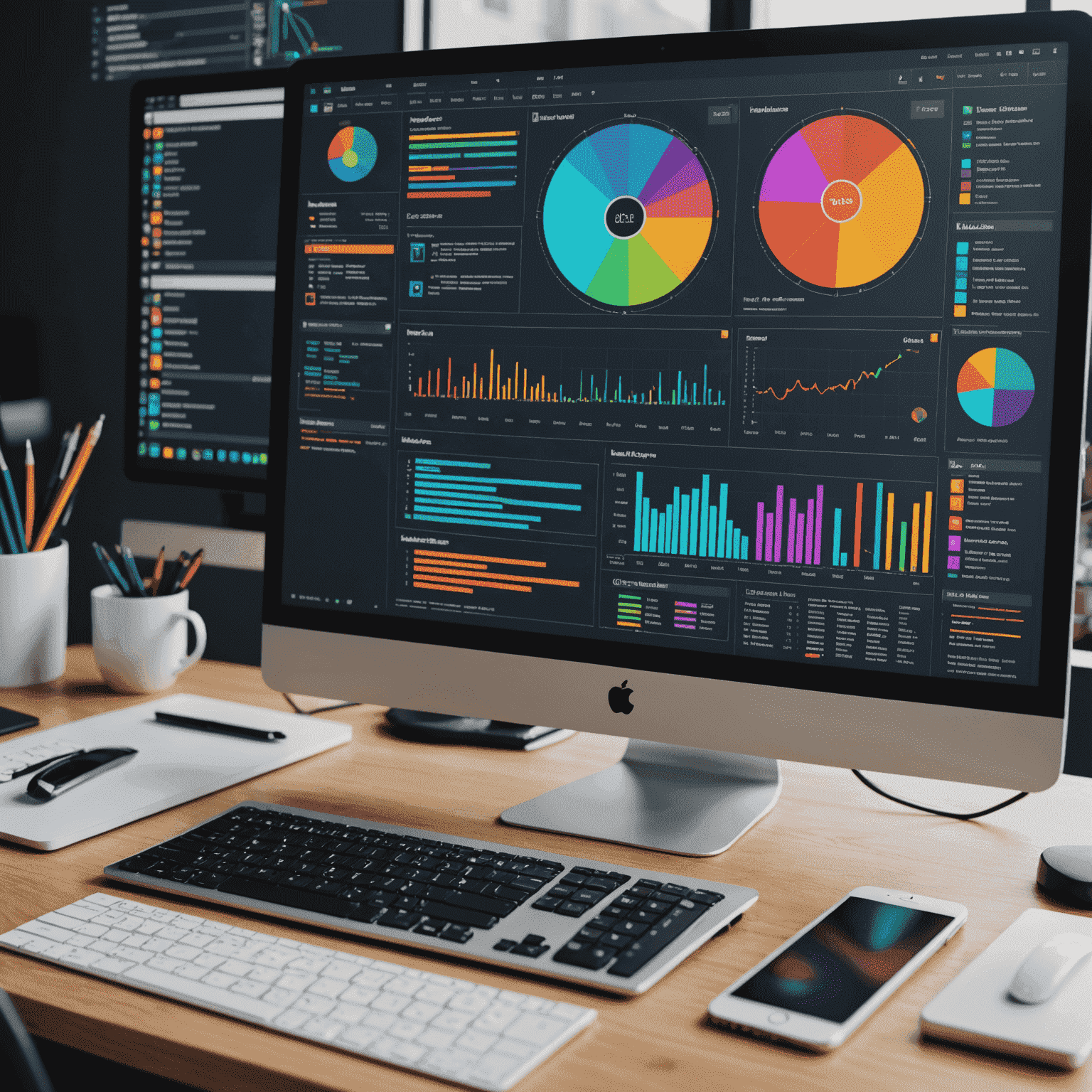 Collage de herramientas de diseño web, incluyendo un editor de código, paleta de colores, y wireframes en una pantalla de computadora futurista