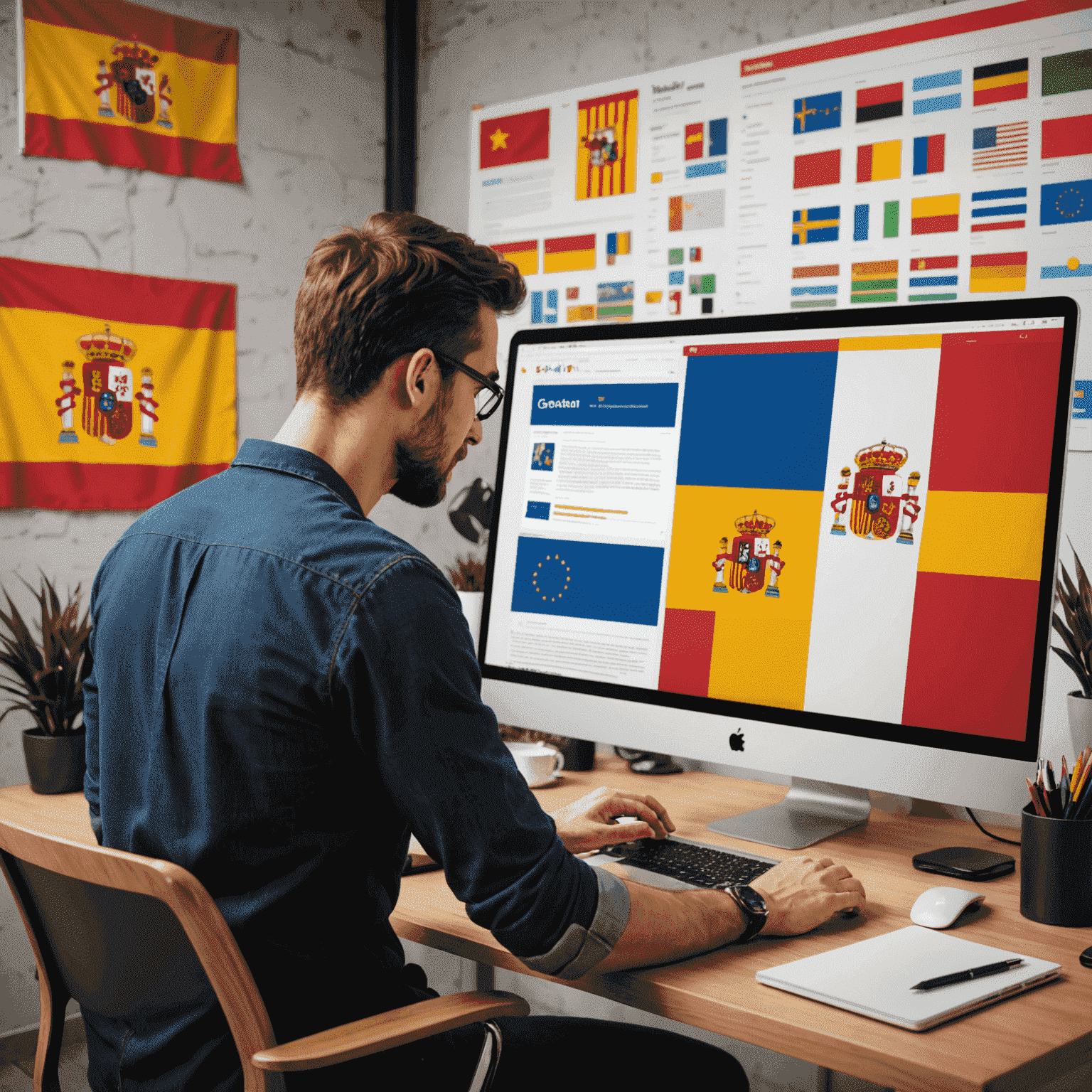 Imagen de un diseñador web trabajando en su portafolio, con la bandera española de fondo y ejemplos de sitios web modernos en pantallas