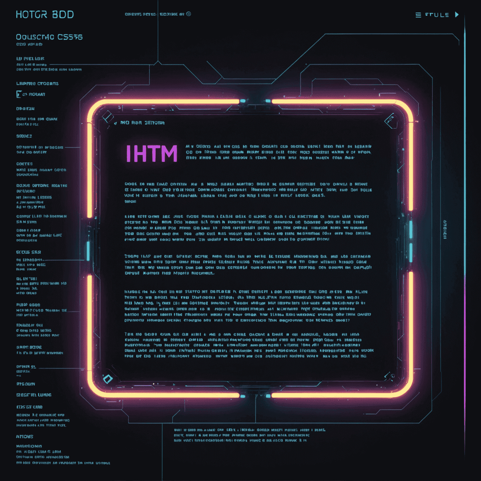 Imagen que muestra código HTML y CSS en un editor de texto futurista con efectos de neón y holográficos