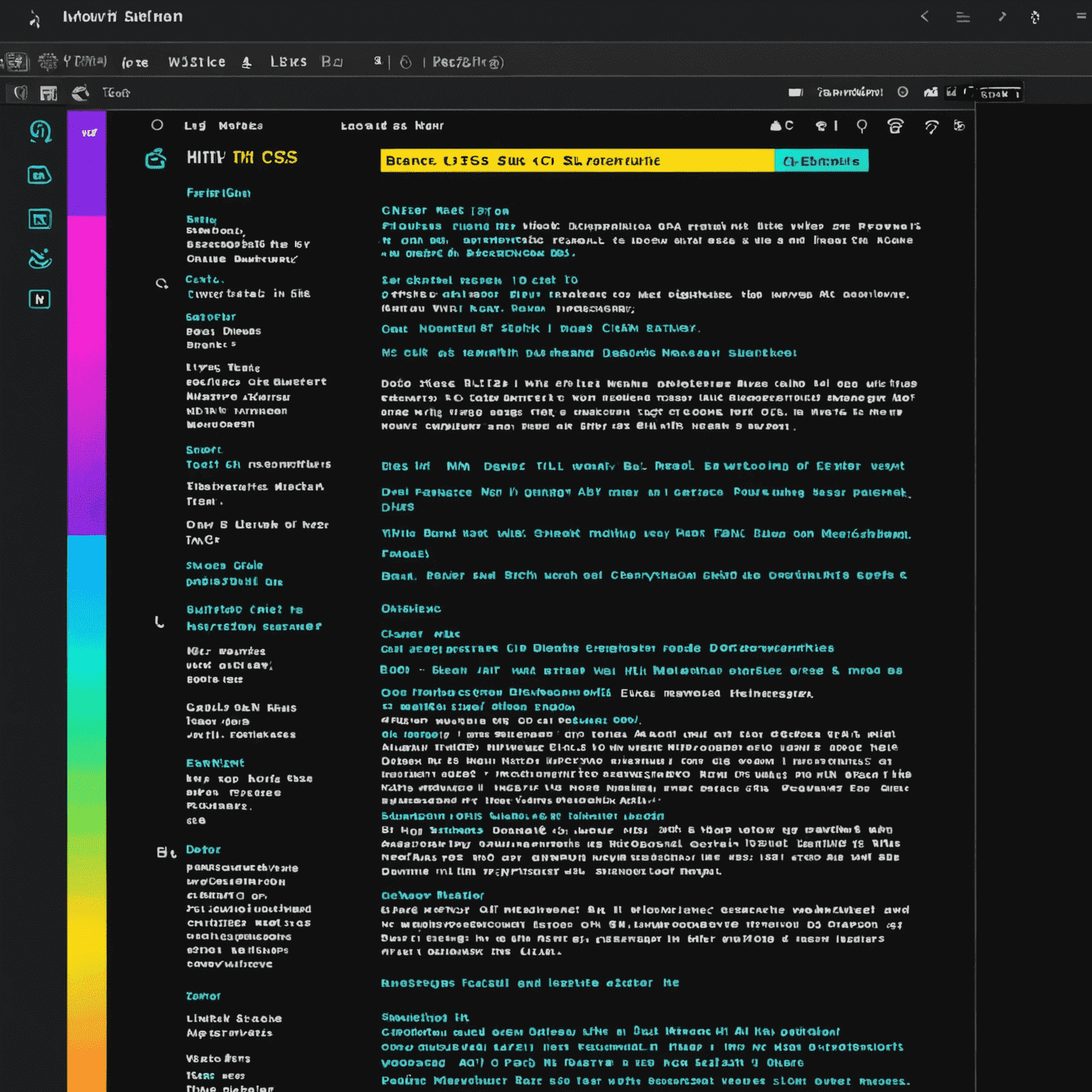 Imagen que muestra código HTML y CSS en un editor de texto con un diseño futurista y colores neón