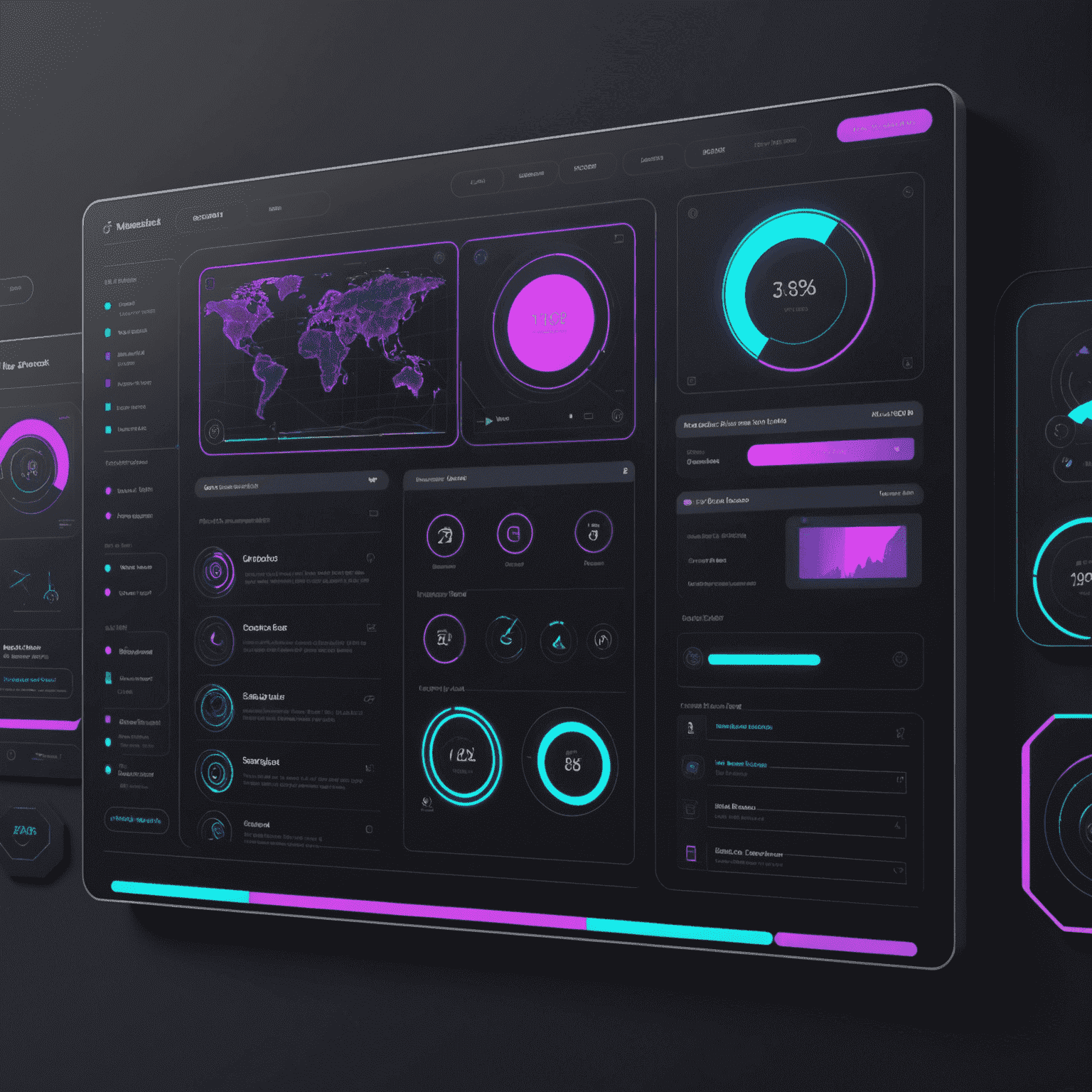 Captura de pantalla de una interfaz de usuario futurista de una herramienta de diseño web, mostrando un proyecto en progreso con elementos de diseño neón