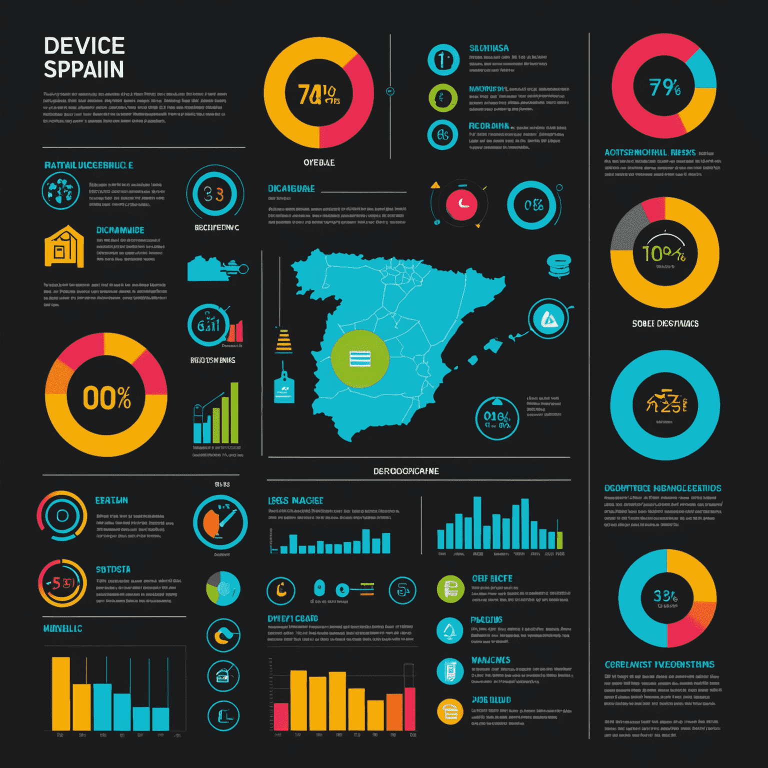 Infografía mostrando estadísticas de uso de dispositivos en España, con iconos futuristas representando diferentes dispositivos y gráficos de barras en colores neón